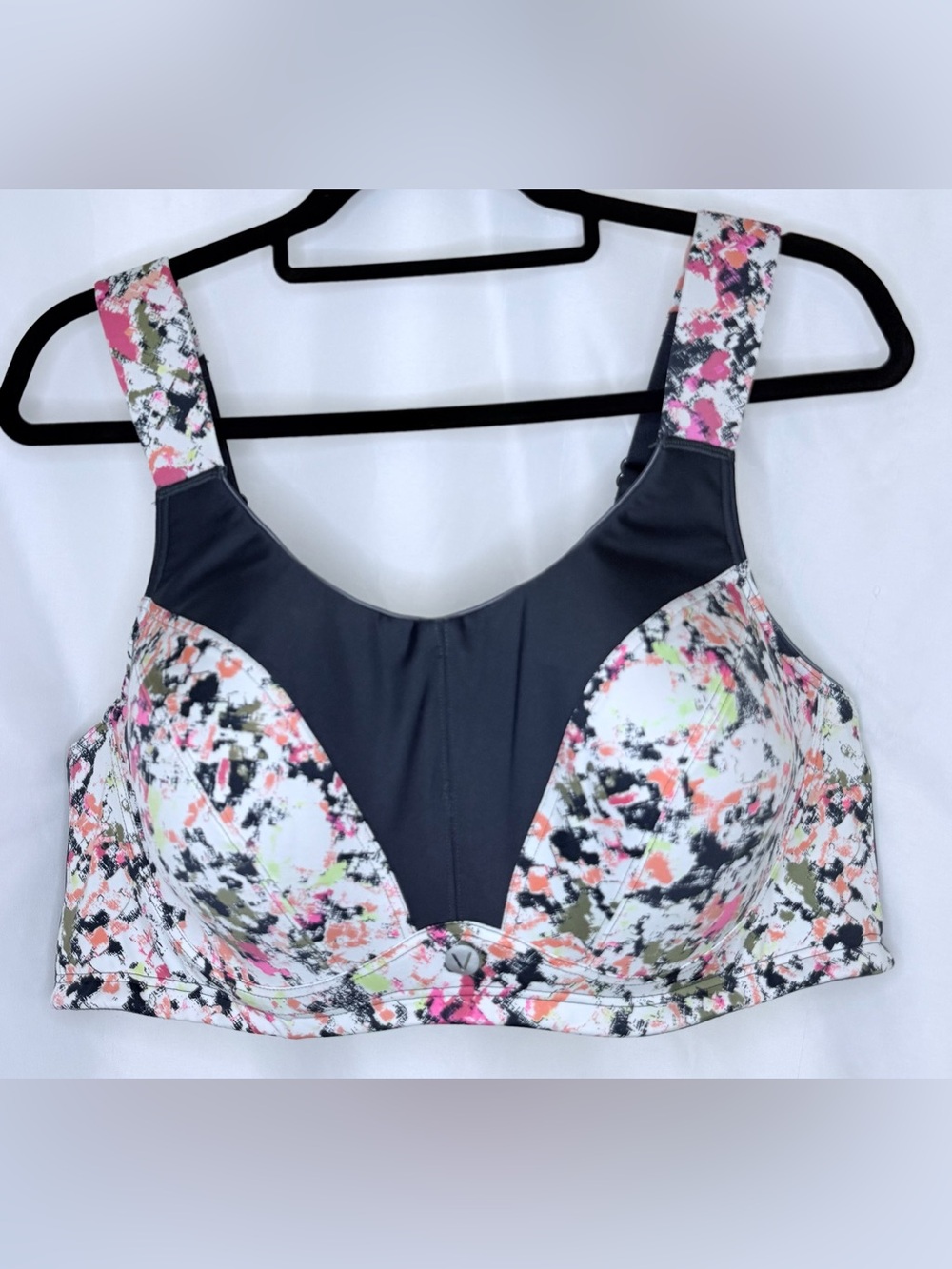 Livi Active Black Panel Floral Sports Bra with Pink Accents